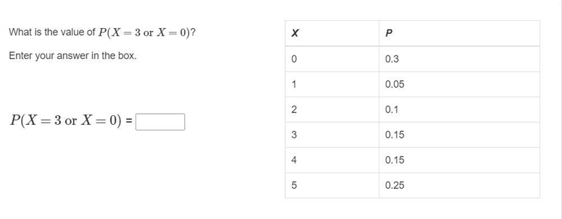 PLEASE HELP ASAP!!! CORRECT ANSWER ONLY PLEASE!!! What is the value of P(X = 3 or-example-1