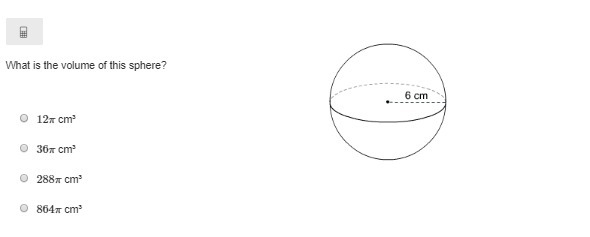 What is the volume of this sphere? 12π cm³ 36π cm³ 288π cm³ 864π cm³-example-1