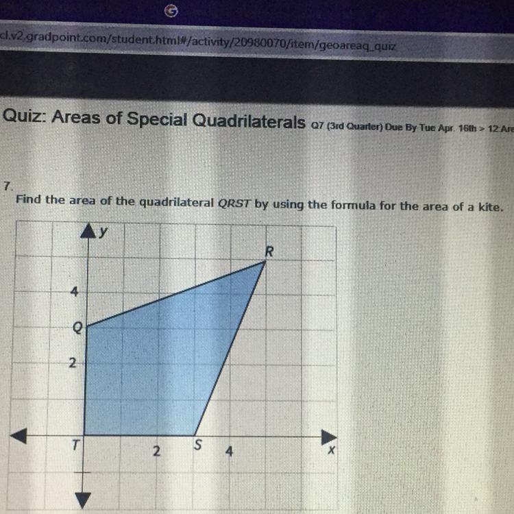 Find the area of the quadrilateral QRST by using the formula for the area of a kite-example-1