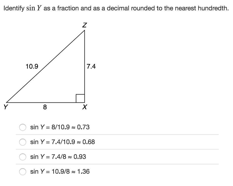 Identify sin Y as a fraction and as a decimal rounded to the nearest hundredth. Please-example-1