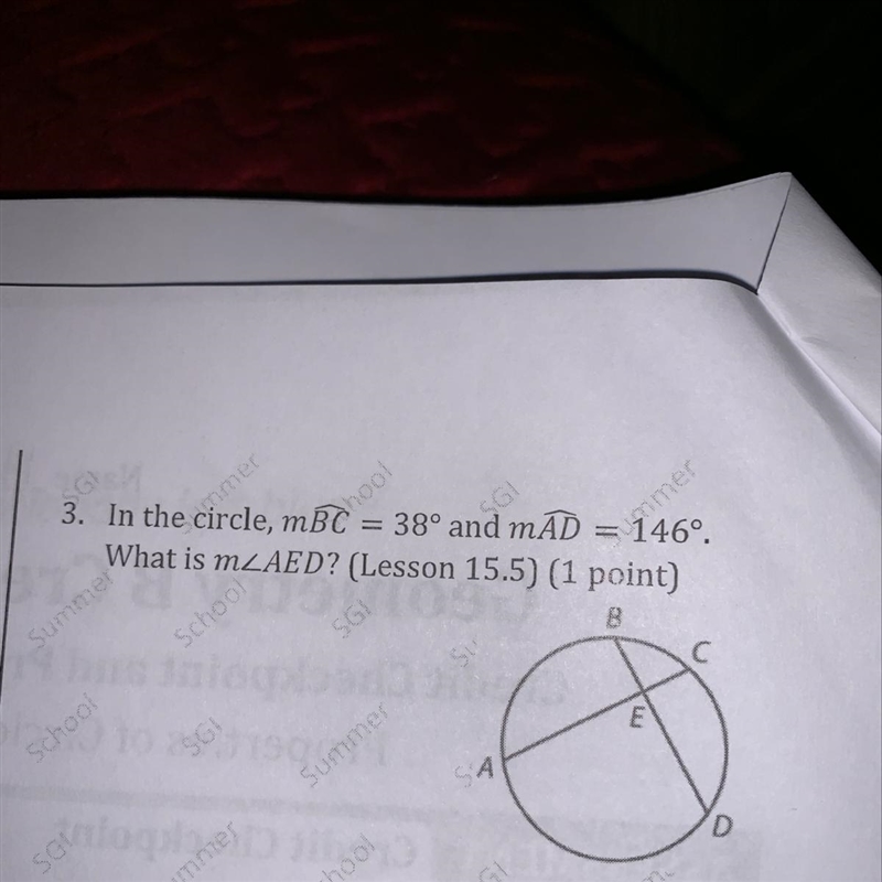 In the circle , mBC =38 and mAD =146 What is m-example-1