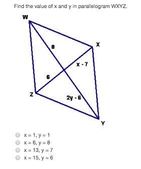 Find the value of x and y in parallelogram WXYZ.-example-1