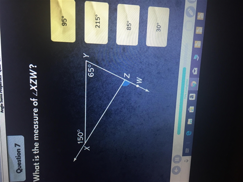 What is the measure of angel XZW?-example-1