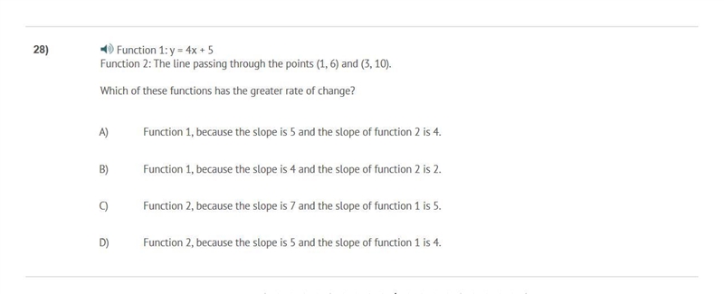 Function 1: y = 4x + 5 Function 2: The line passing through the points (1, 6) and-example-1