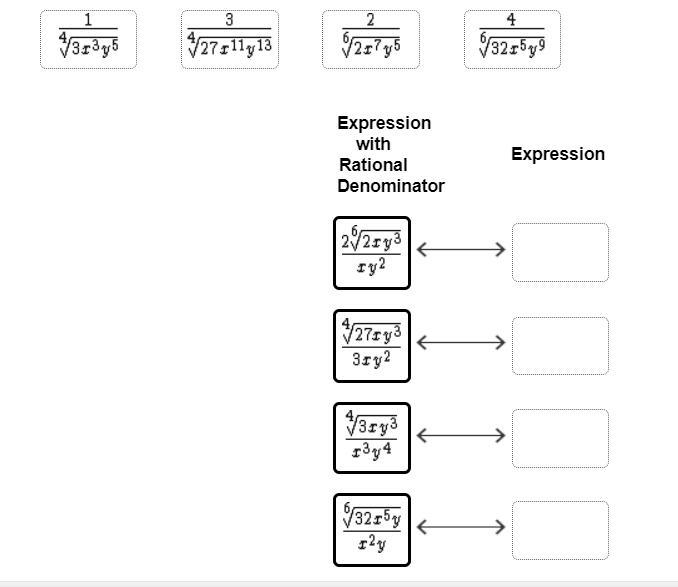 Match each expression to its equivalent expression with a rational denominator.-example-1