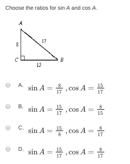 Choose the ratios for sin A and cos A.-example-1