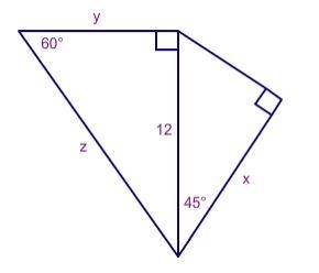 Find x, y and z. ( ANSWER NEEDS TO BE IN REDUCED RADICAL FORM )-example-1