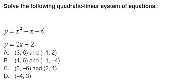 Solve the following quadratic-linear system of equations.-example-1