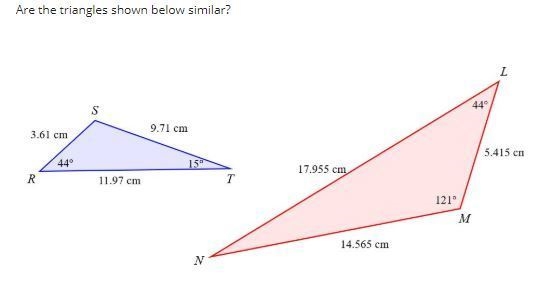 Are the triangles shown below similar? Please explain why or why not.-example-1