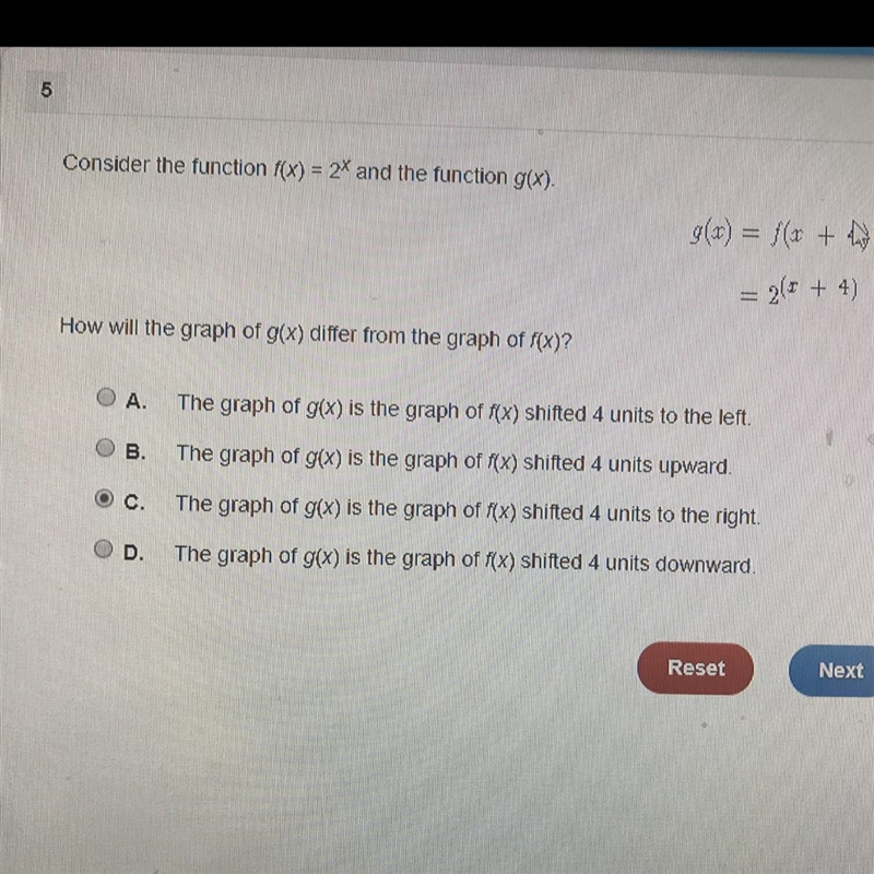 Consider the function f(x) = 2X and the function g(x). How will the graph of g(x) differ-example-1