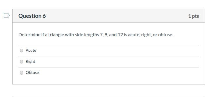 Determine if a triangle with side lengths 7, 9, and 12 is acute, right, or obtuse-example-1