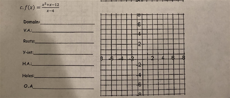 f(x) (x^(2)+x-12 )/(x-4) Domain: V.A: Roots: Y-int: H.A: Holes: O.A: Also, draw on-example-1