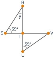 #1) What is the measure of ∠TVU, and why? A) y, because ΔRST is similar to ΔVUT B-example-1