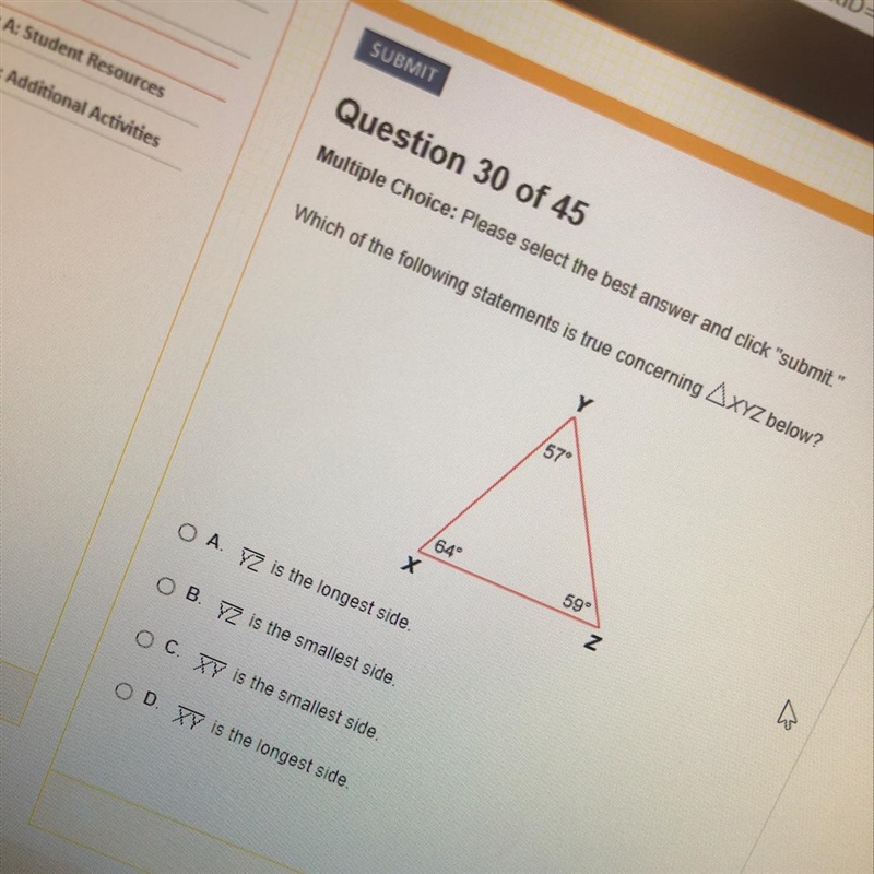 Which of the following statements is true concerning triangle XYZ below?-example-1