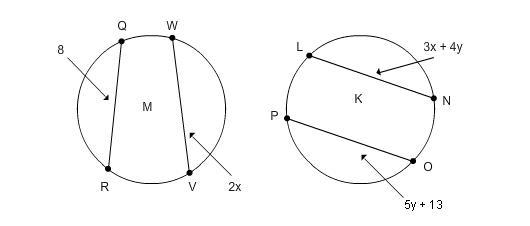 Circles M and K are congruent, arc QR is congruent to arc LN and arc OP is congruent-example-1