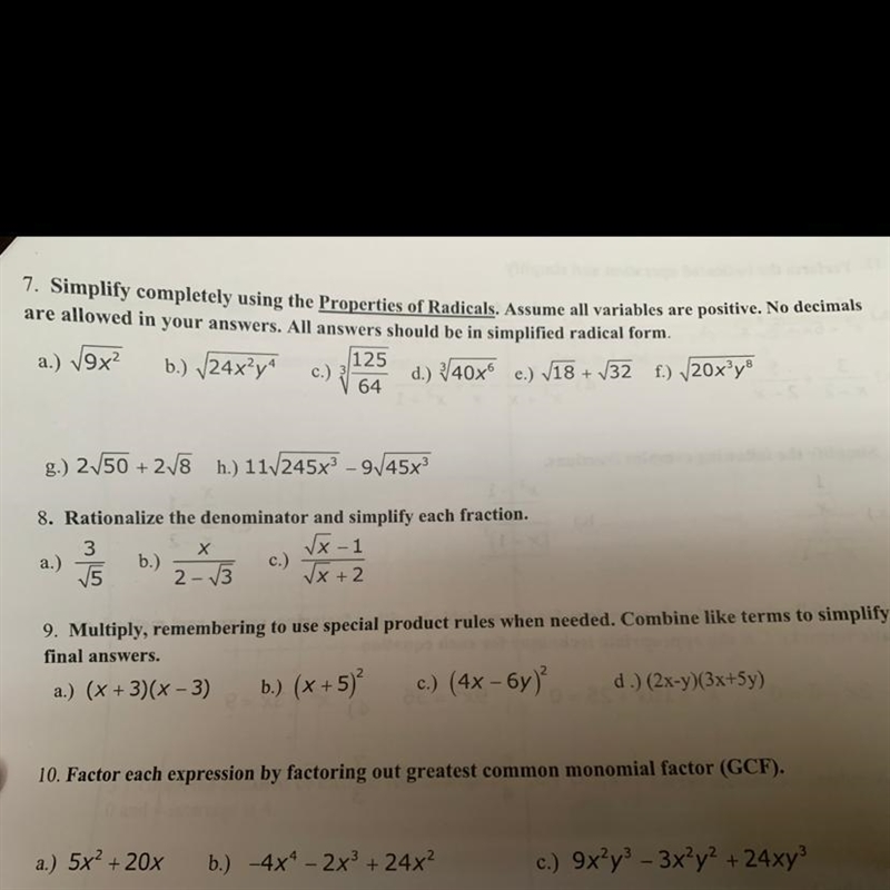 Solve questions 7a-7f using the properties of radicals. please put answers in simplified-example-1