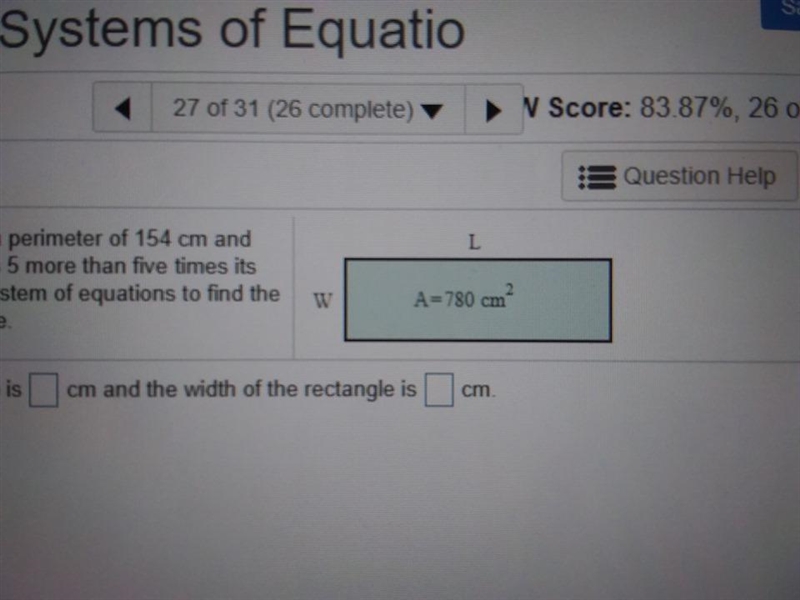 The rectangle shown has a perimeter of 154 cm and the given area. Its length is 5 more-example-1