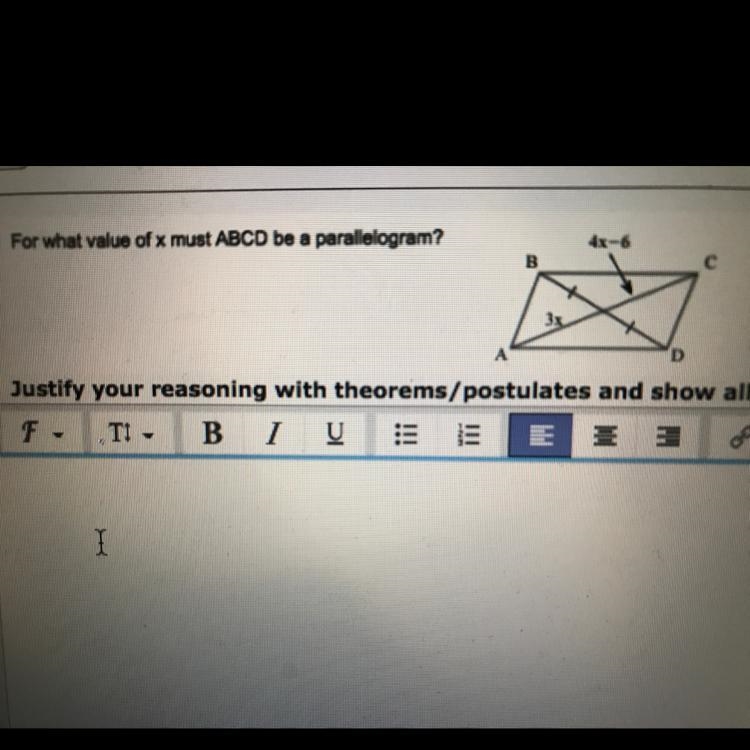 For what value of x must ABCD be a parallelogram? Justify your reasoning with theorems-example-1