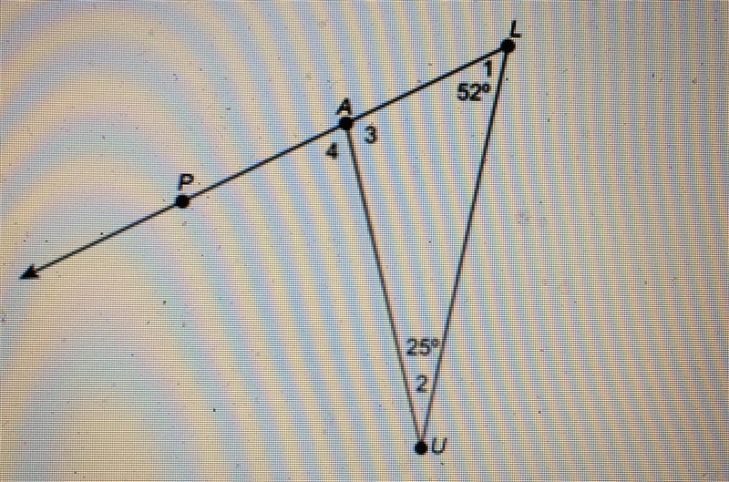 In the figure, ∠4 is an exterior angle to ∠AUL.-example-1