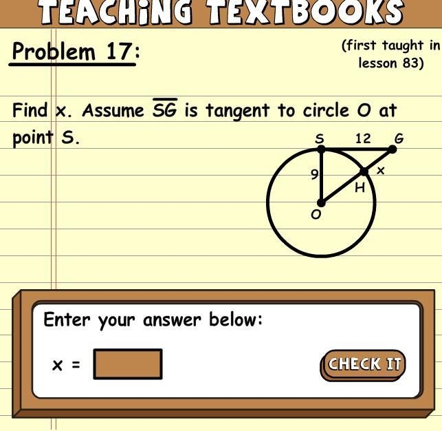 FIND X. ASSUME SG IS TANGENT TO CIRCLE O AT POINT S.-example-1