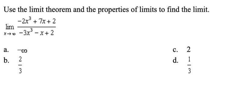 Use the limit theorem and the properties of limits to find the limit.-example-1