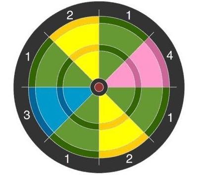 Based on the dartboard shown below, what is the probability of a random throw hitting-example-1