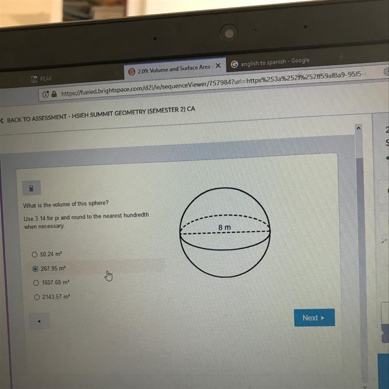 What is the volume of this sphere? Use 3.14 for pi and round to the nearest hundredth-example-1