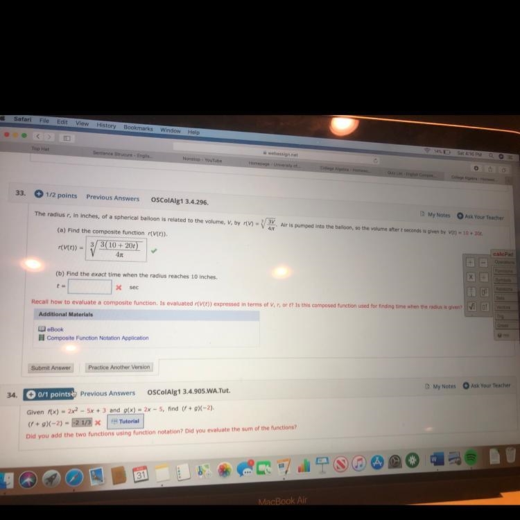 I need 33. B) find the exact time when the radius reaches 10 inches 100 points! Plz-example-1