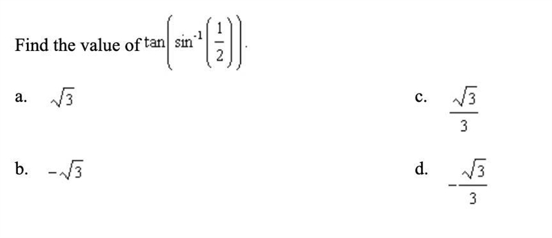 Find the value of tan(sin^-1(1/2))-example-1