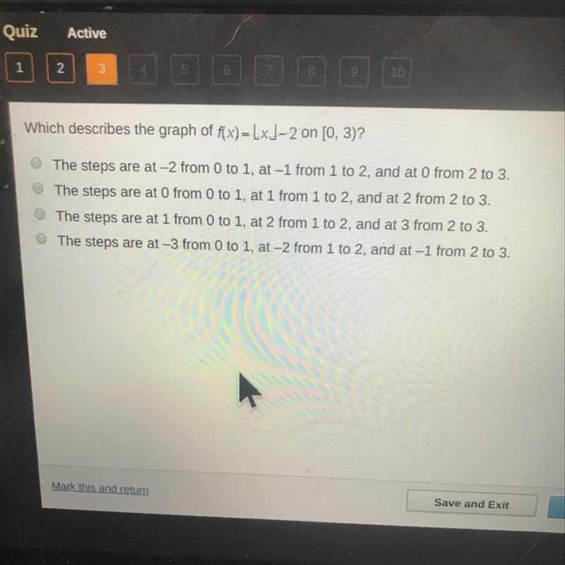 Which describes the graph of f(x)=[x]-2 on [0,3) 50 points to you-example-1