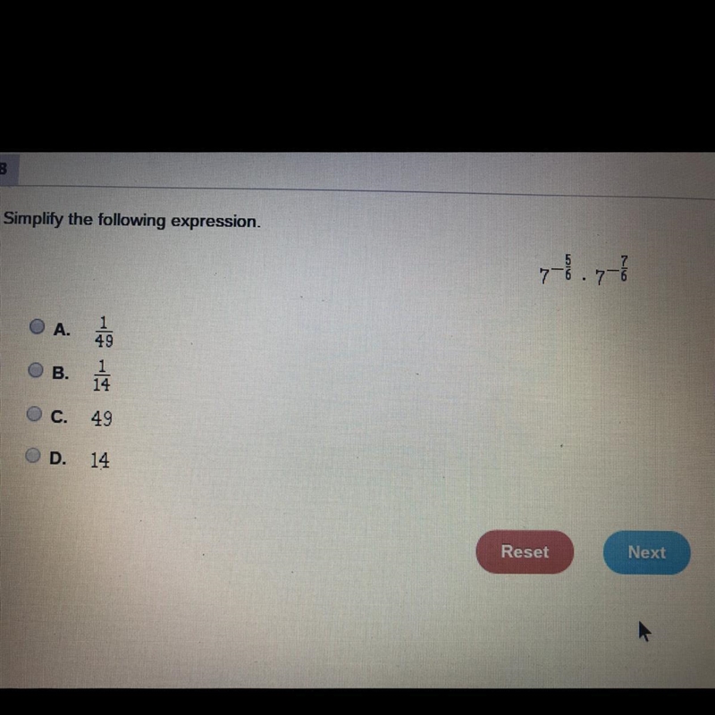 Options A. 1/49 B.1/14 C.49 D.14-example-1