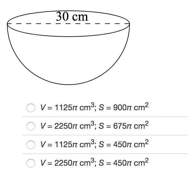 Identify the volume and surface area of the hemisphere in terms of π. HELP ASAP!!-example-1