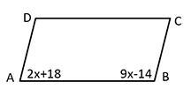 18. Find m∠D if m∠A = 2x + 18 and m∠B = 9x – 14. A. 73° B. 50° C. 130° D. 107°-example-1