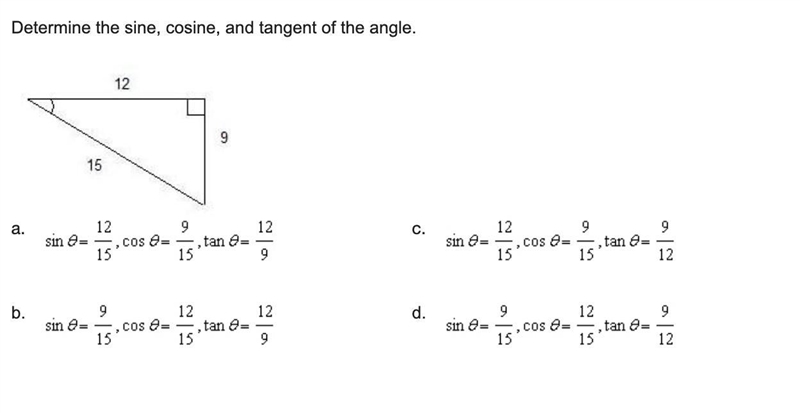 Determine the sine, cosine, and tangent of the angle.-example-1