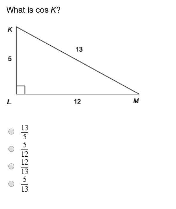 What is cos K? (Applying Trigonometric Functions)-example-1