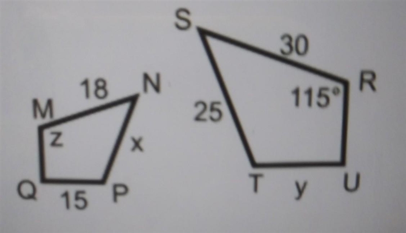 The two polygons shown are similar what is the correct similarity is z equals 115°? ​-example-1