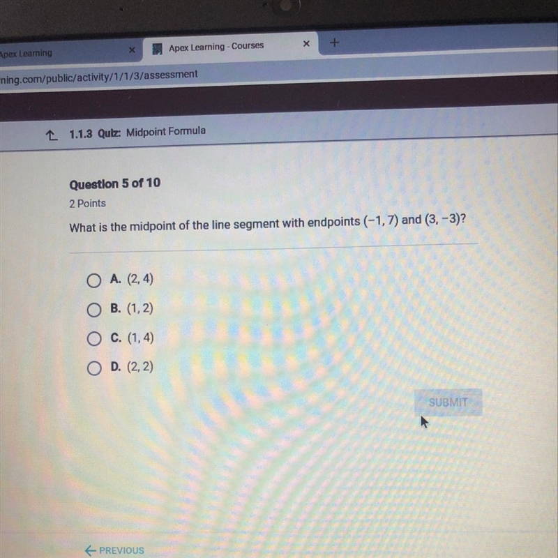 What is the midpoint of the line segment with endpoints (-1,7) and (3,-3)?-example-1