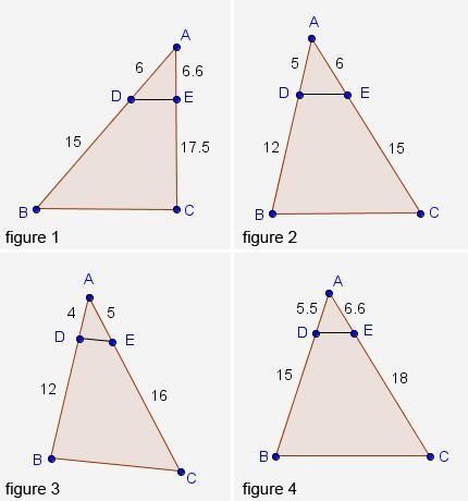 In which figure is line DE parallel to line BC? A)figure 1 B)figure 2 C)figure 3 D-example-1