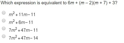 Which expression is equivalent to 6m + (m – 2)(m + 7) + 3?-example-1