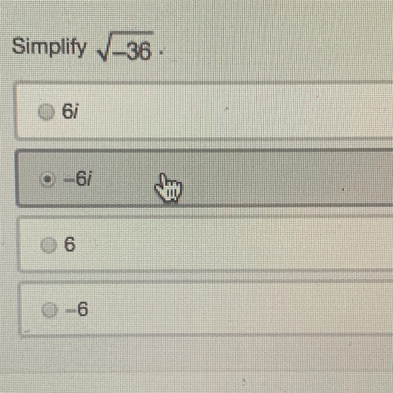 Simplify square root of -36 a. 6i b. -6i c. 6 d. -6-example-1