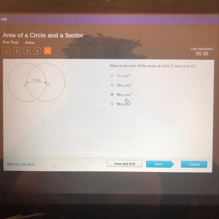 What is the sum of the areas of circle C and circle D? 7 units 14 units 49 units 98 units-example-1