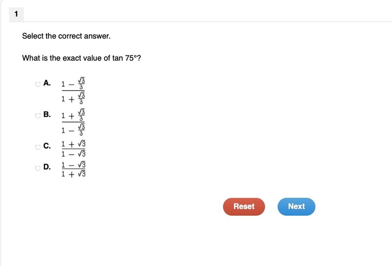 HELP PLEASE!! Select the correct answer. What is the exact value of tan 75°?-example-1