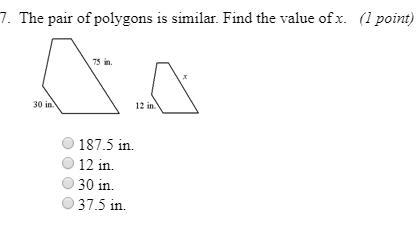 The pair of polygons is similar. Find the value of x A. 187.5 in B. 12 in C. 30 in-example-1