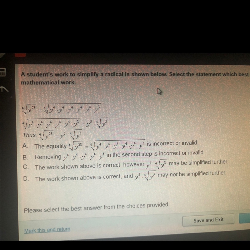 A students work to simplify a radical is shown below. Select the statemmebt which-example-1