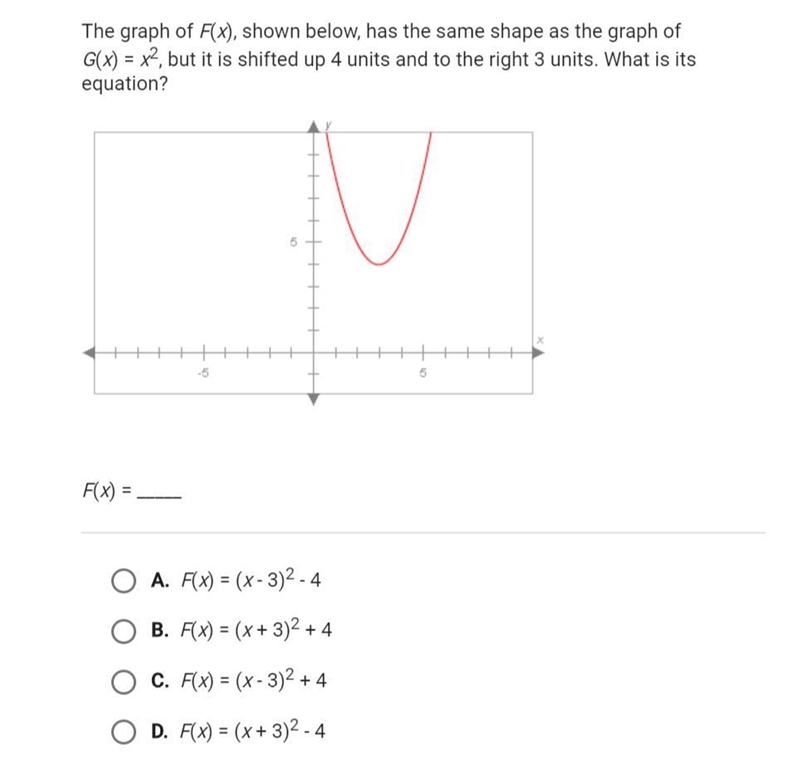 the graph of F(x), shown below, has the same shape as the graph of G(x)=x^2. but it-example-1