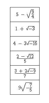 Select all of the complex numbers in the given table-example-1