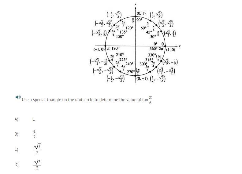 Use a special triangle on the unit circle to determine the value of tan π/6.-example-1