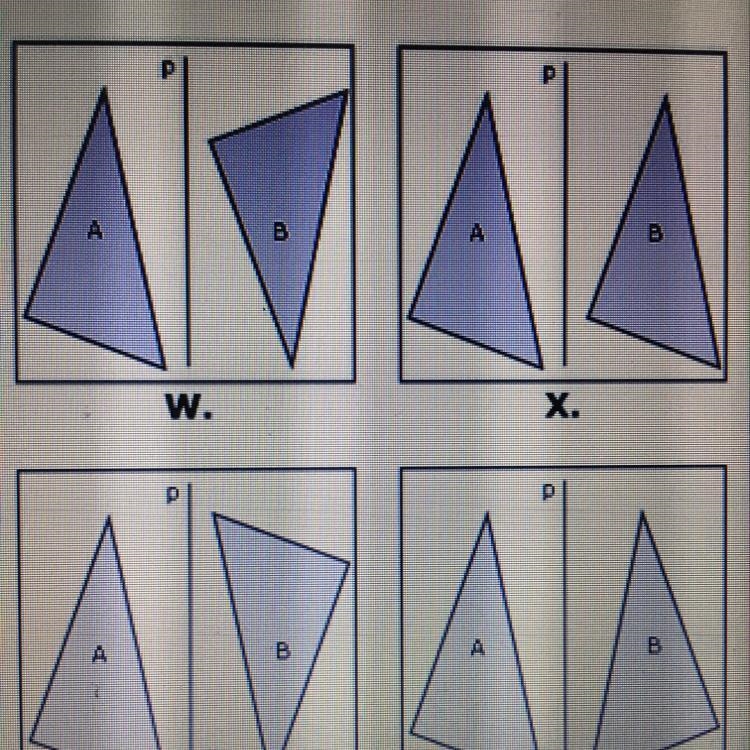 Which image shows triangle a being reflected over line p to create triangle b-example-1