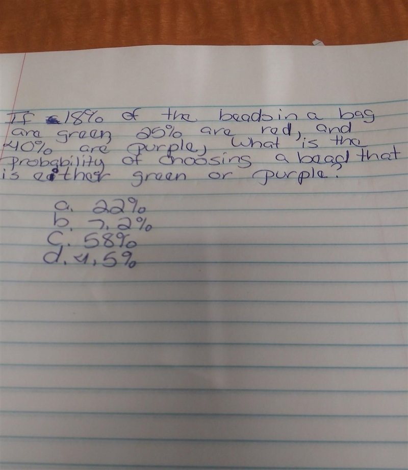 Probability of choosing a bead that is either green or purple. ​-example-1