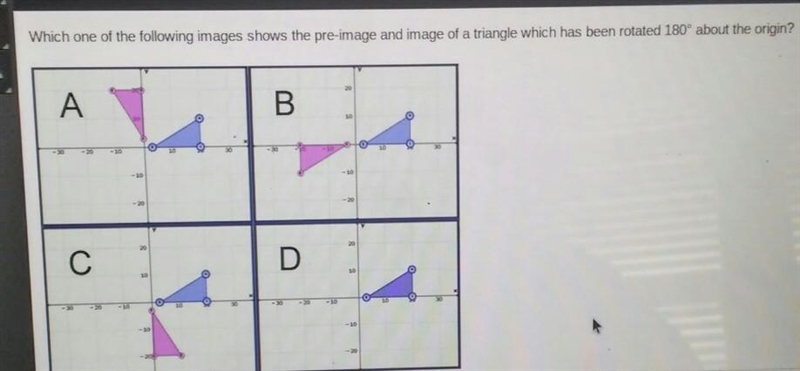 Which one of the following images shows the pre-image and image of a triangle which-example-1